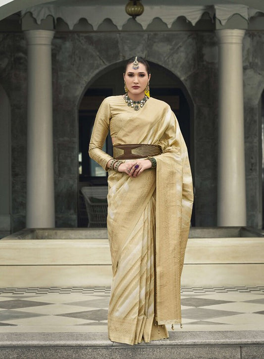 Golden Banarasi Silk Saree Cream