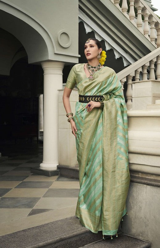 Golden Banarasi Silk Saree Mint Green