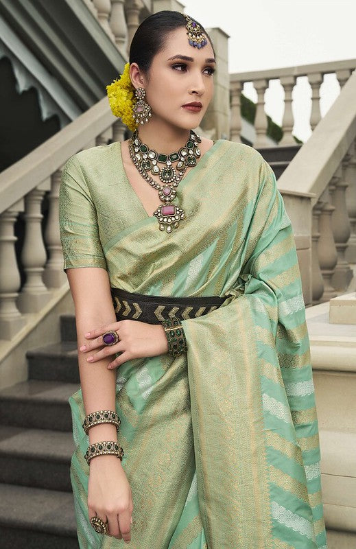 Golden Banarasi Silk Saree Mint Green