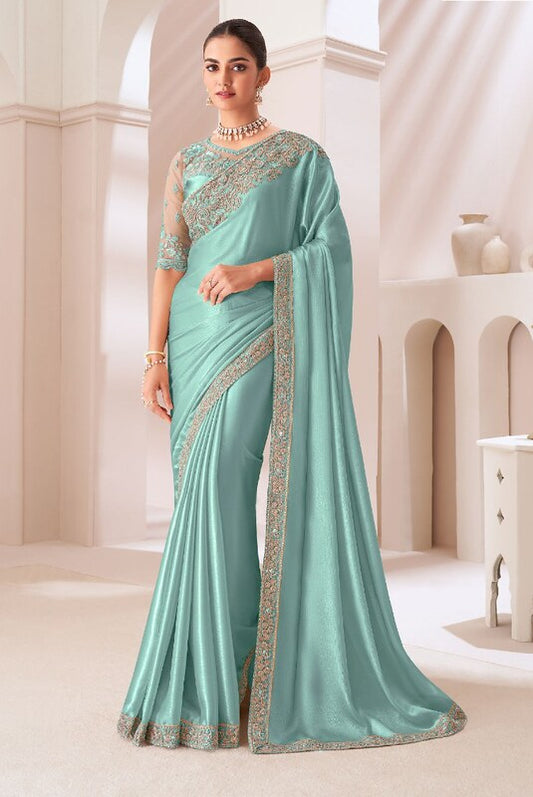 Ethereal Satin Saree Firozi