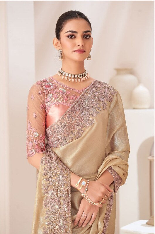 Ethereal Satin Saree Biege