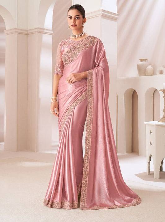 Ethereal Satin Saree Baby Pink