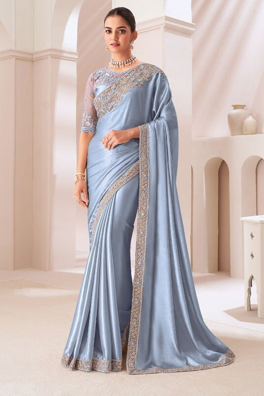 Ethereal Satin Saree Sky Blue