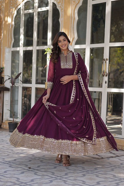 Georgette Grace Anarkali Suit Wine