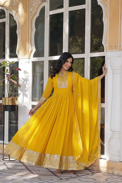 Georgette Grace Anarkali Suit Yellow