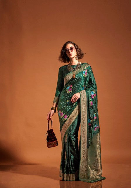 Ethereal Satin Saree Dark Green