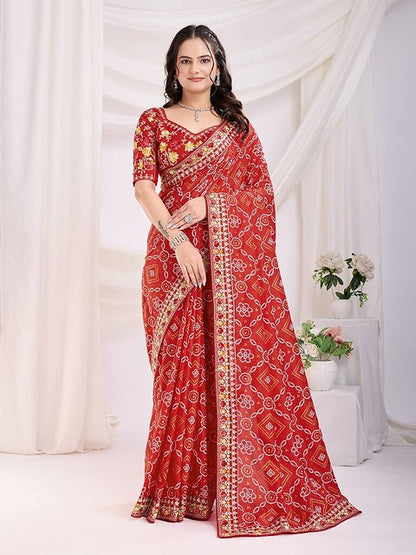 Royal Vichitra Bandhani Saree Red