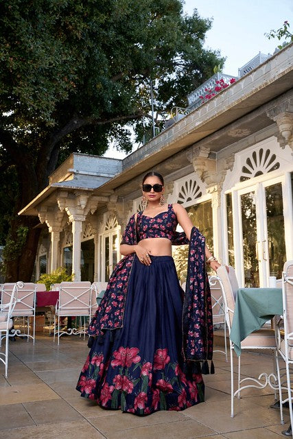 Silken Charm Tussar Lehenga Navy Blue