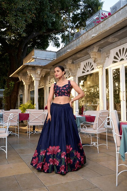 Silken Charm Tussar Lehenga Navy Blue