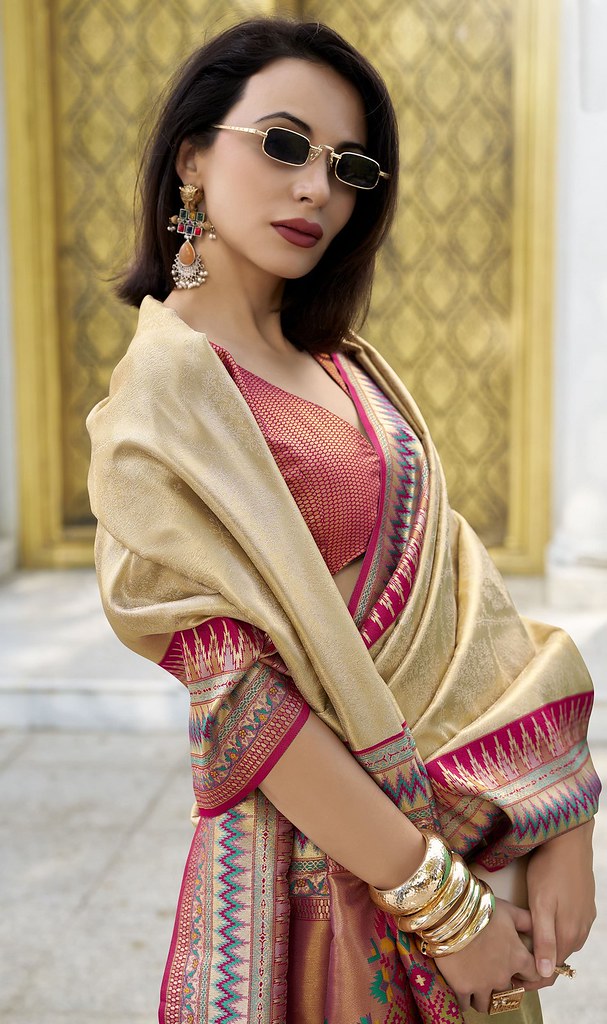 Emerald Silk Saree Cream