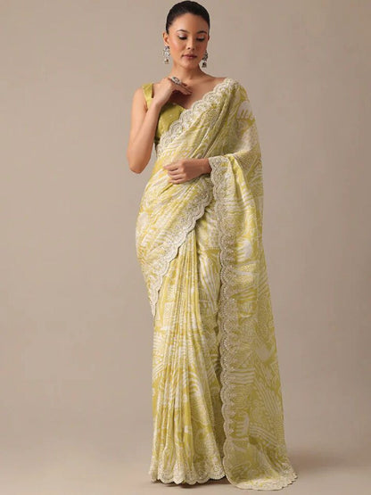 Georgette Sky Bloom Saree Mehendi Green