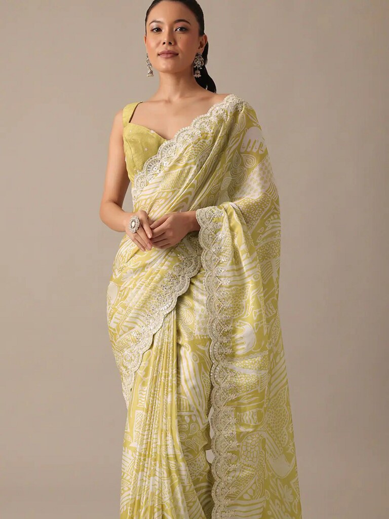 Georgette Sky Bloom Saree Mehendi Green