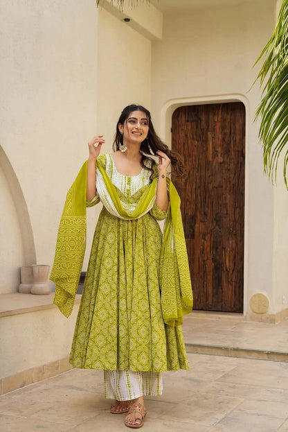 Cotton Calm Anarkali Suit Pista Green