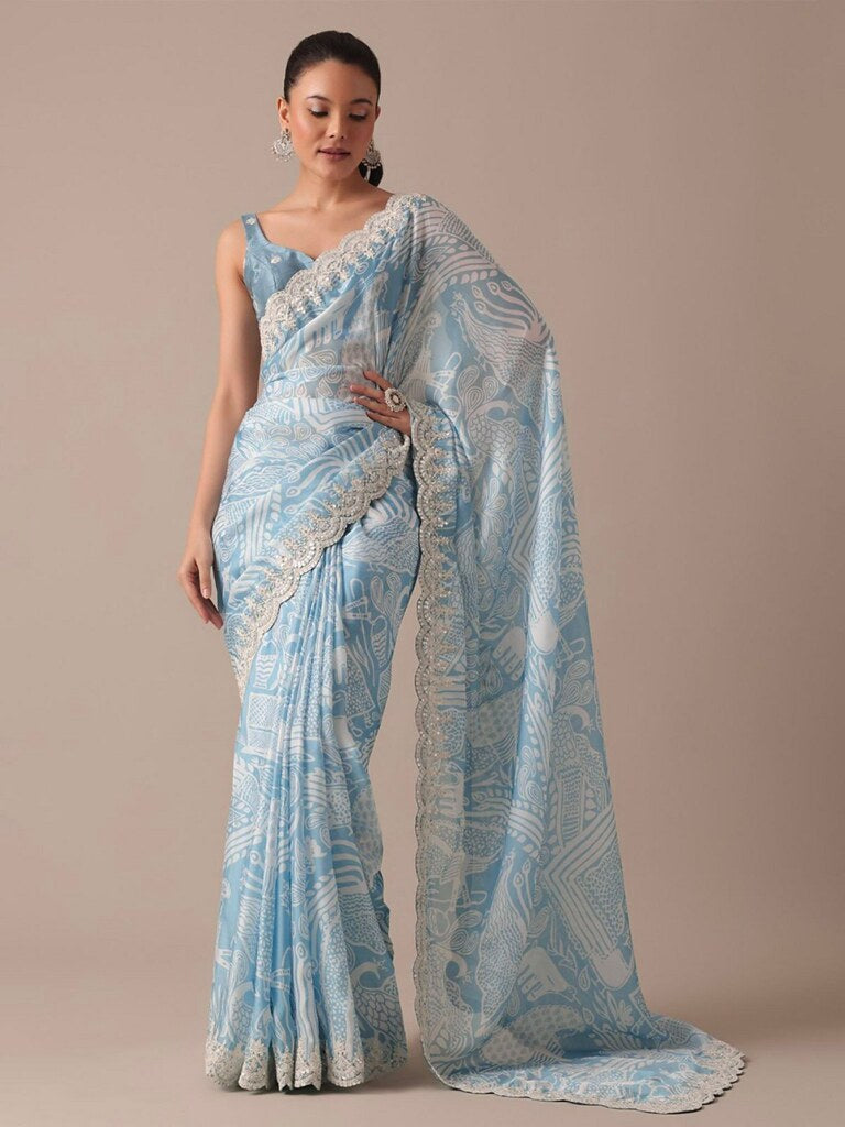 Georgette Sky Bloom Saree Sky Blue