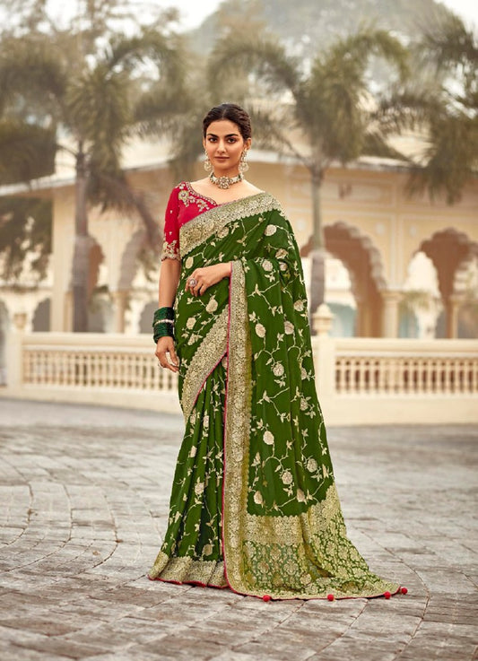 Silken Saaj Saree Collection Olive Green