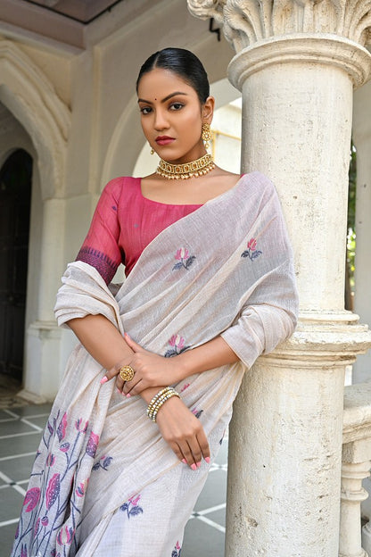 Muga Silk Couture Saree Off White