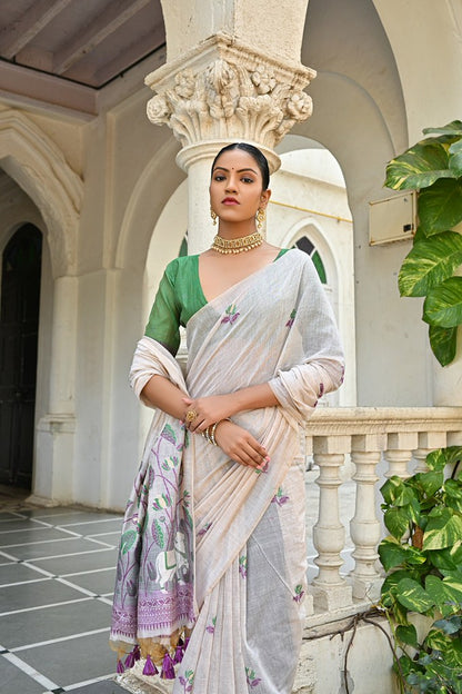 Muga Silk Couture Saree Off White