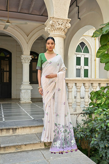 Muga Silk Couture Saree Off White