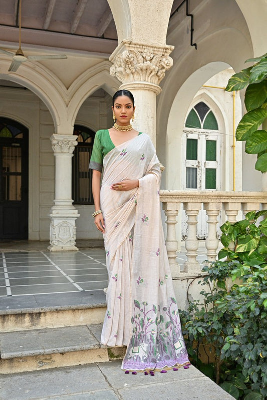 Muga Silk Couture Saree Off White