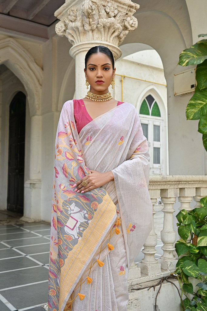 Muga Silk Couture Saree Off White