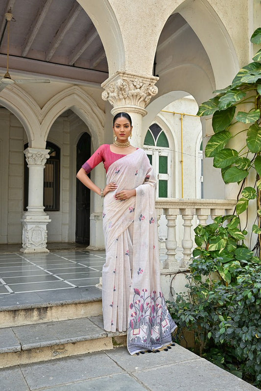 Muga Silk Couture Saree Off White