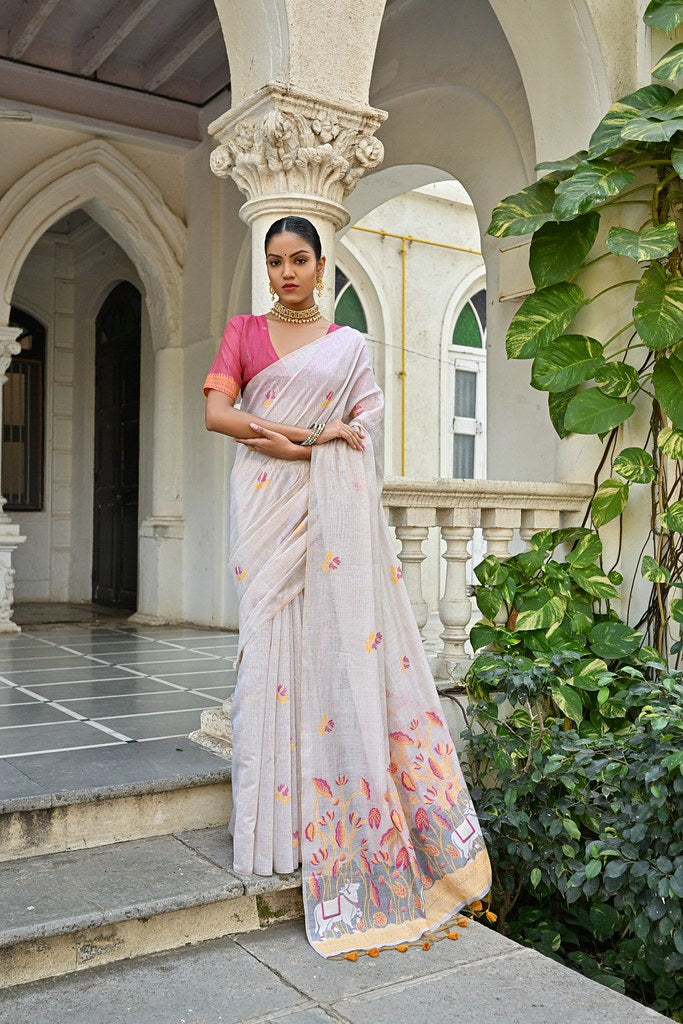 Muga Silk Couture Saree Off White