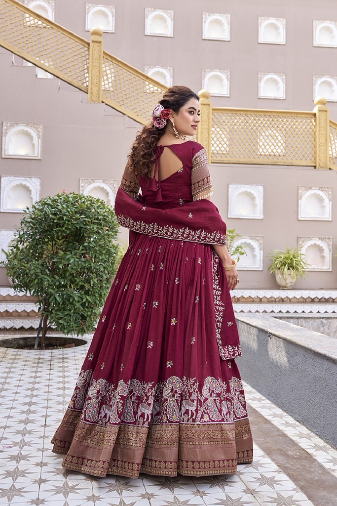 Velora Rang Lehengas Maroon