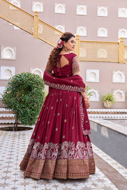 Velora Rang Lehengas Maroon