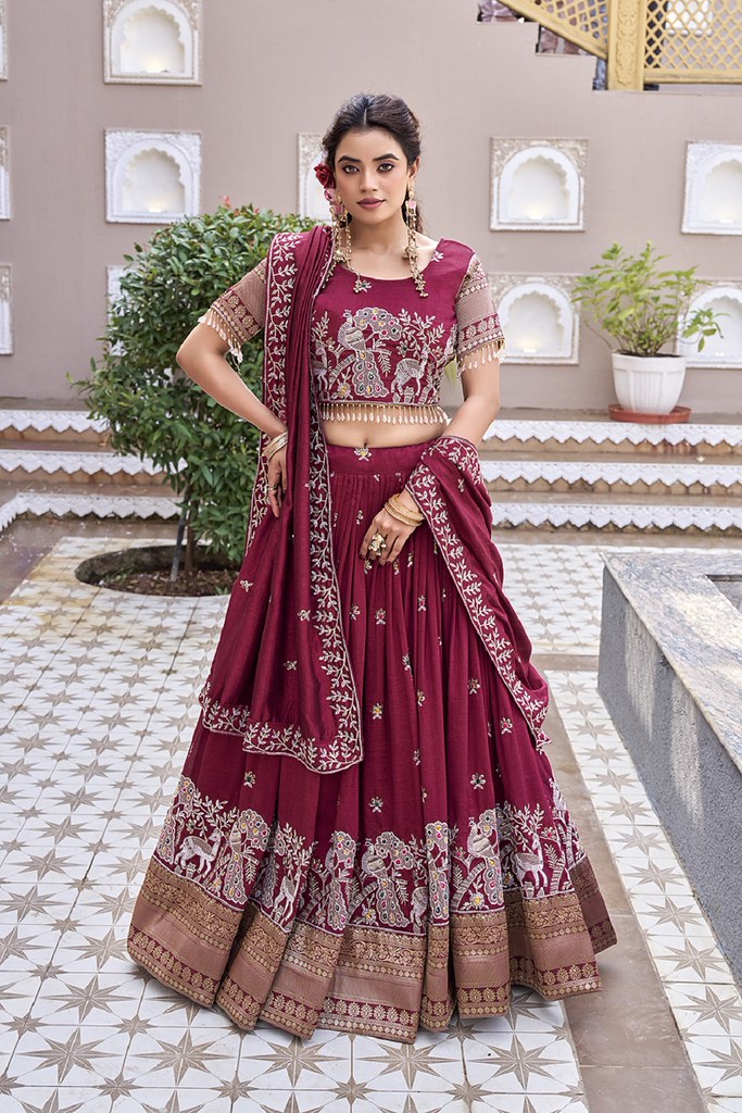 Velora Rang Lehengas Maroon