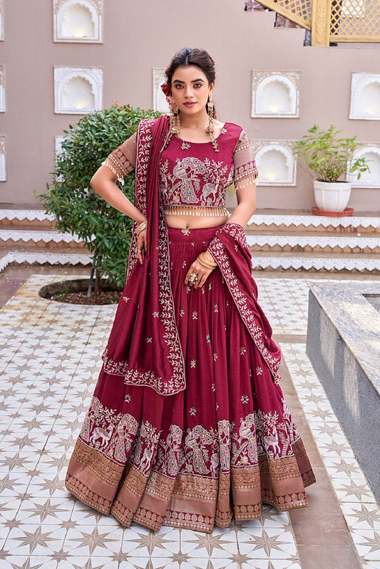 Velora Rang Lehengas Maroon
