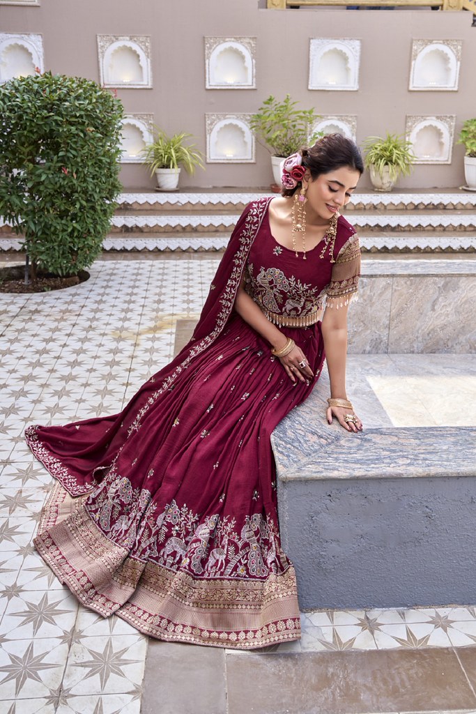 Velora Rang Lehengas Maroon