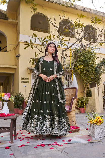 FloralGlow Gown Mehendi Green