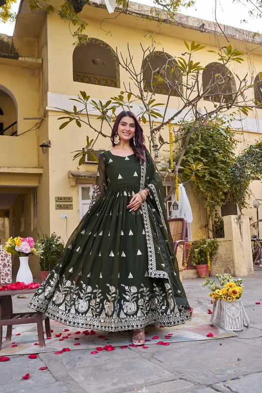FloralGlow Gown Mehendi Green
