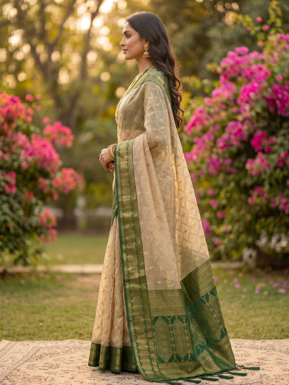 HarmonyHue Sarees Chiku & Green