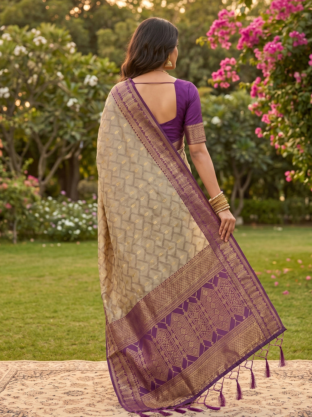 HarmonyHue Sarees Chiku With Purple