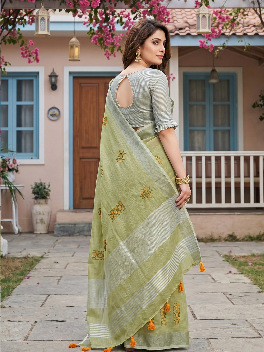 SereneDrape Sarees Pista Green