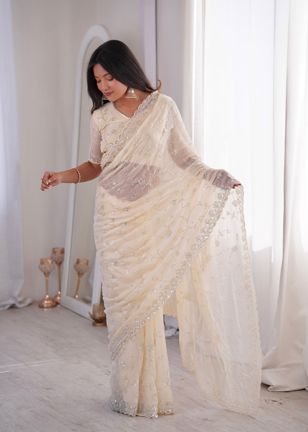 TwilightAura Sarees Off White