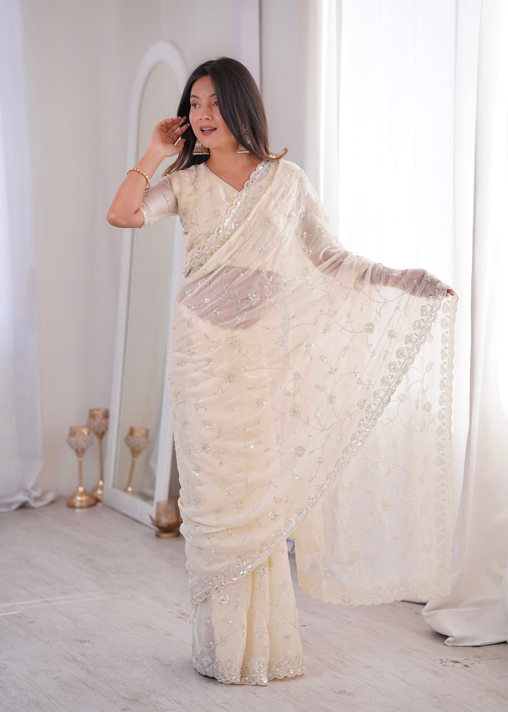 TwilightAura Sarees Off White