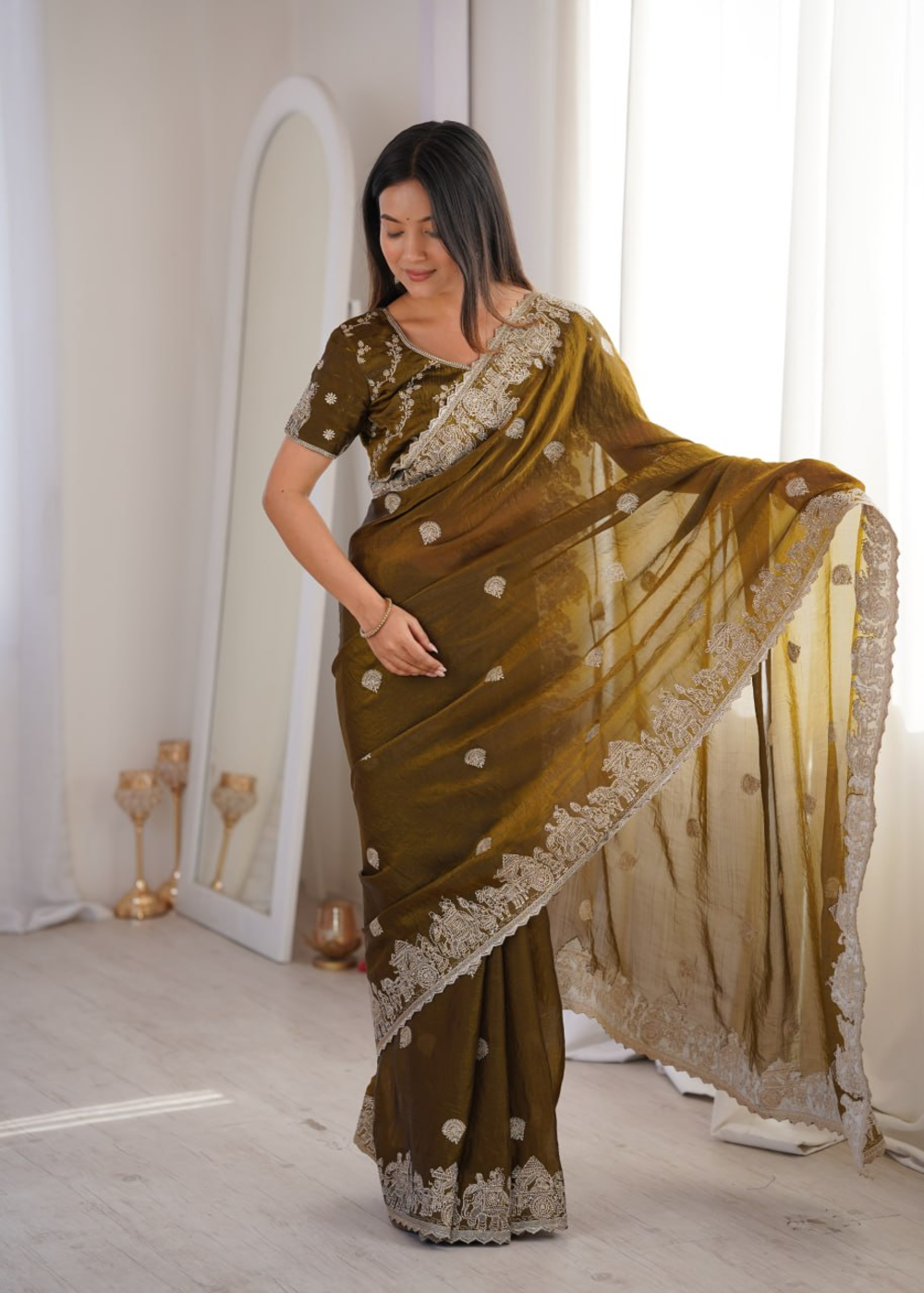 CrushAura Sarees Mehendi Green