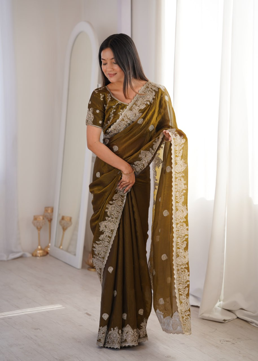 CrushAura Sarees Mehendi Green